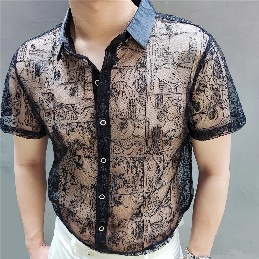 

Black Lace Sexy Shirt Embroidery See Through Shirt Men High Quality Social Club Luxe Transparent Shirt Summer Short Sleeve Shirt