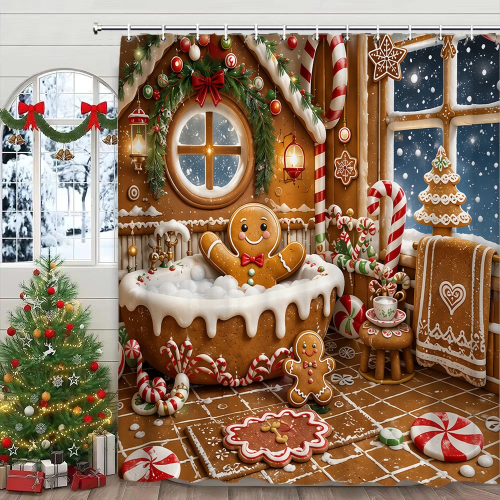 Christmas Shower Curtain ,Cute Cookies Snowflake Red Green Xmas Balls Pine Tree Candy Xmas Holiday Home Decorative Curtain