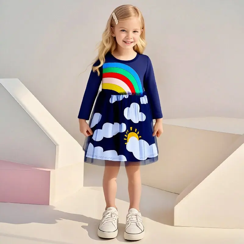 

Little maven, весенне-осенние детские костюмы, сетчатое праздничное платье для маленьких девочек, радужное платье принцессы с героями мультфильмов для девочек, Vestidos, подарок на день рождения