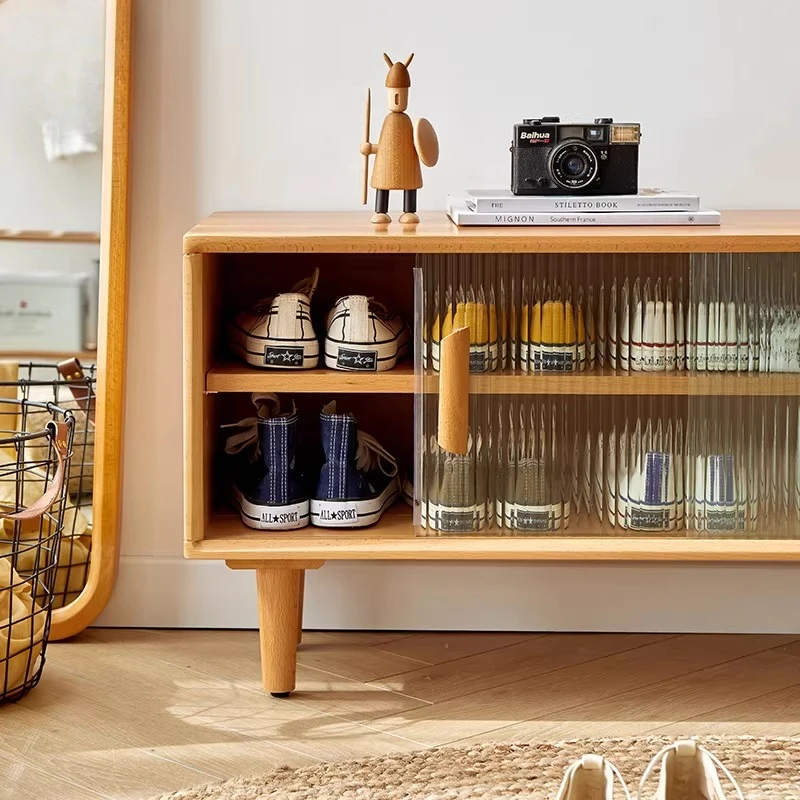 

Solid wood shoe changing stool integrated with home entrance shoe cabinet and stool