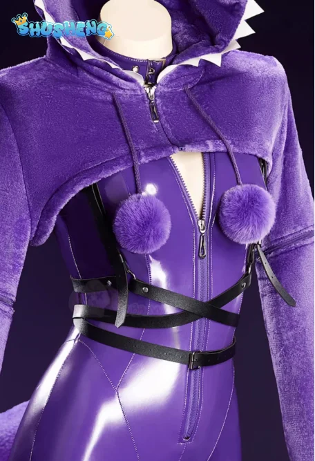 

Gengar Cosplay Ectoplasma Costume Pokemo Anime Game Purple leather jumpsuit hooded jacketsock Halloween women sexy Gengar set