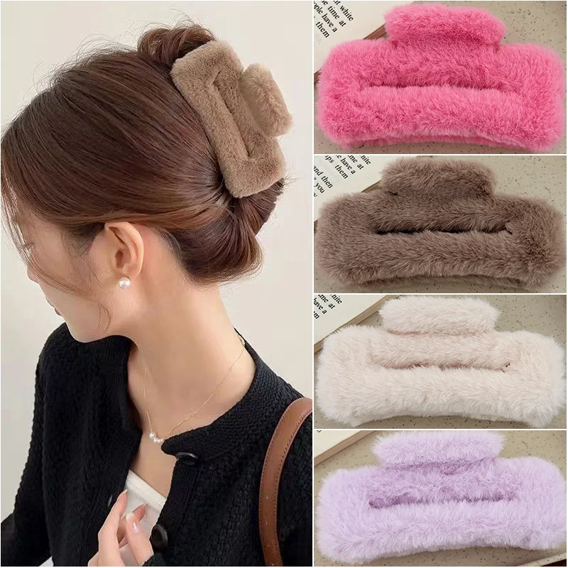 Winter Plush Hair Claw Elegant Acrylic Hairpins Faux Fur Hair Clip Barrette Crab Headwear for Women Girls Hair Accessories