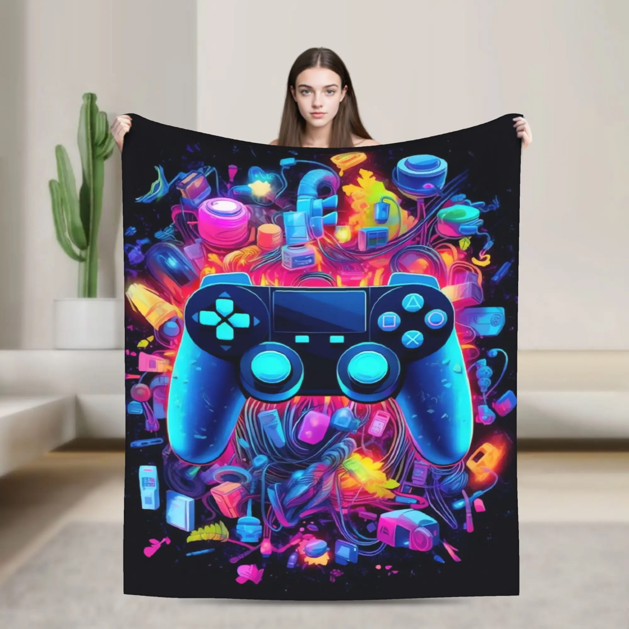Glow-in-the-Dark Game Controller Blanket  Warm Soft Print Plush Throw Blanket For Outdoor Travel Flannel Bedspread Bed Cover