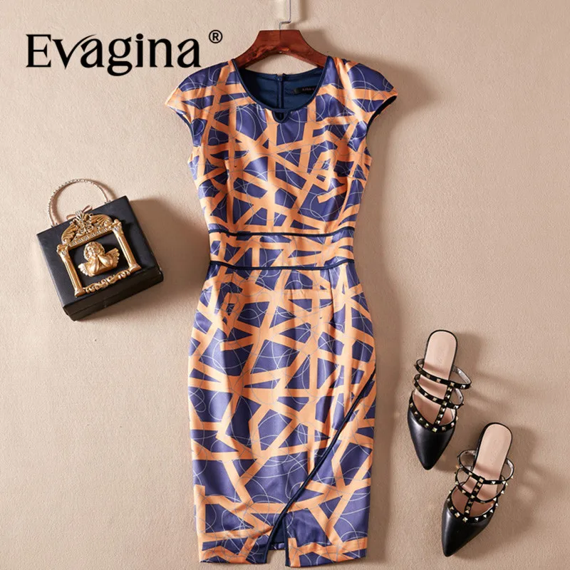 Evagina Fashion design Spring Summer Women's Garment Sleeve Striped Printing High Street Orange Slim Dresses