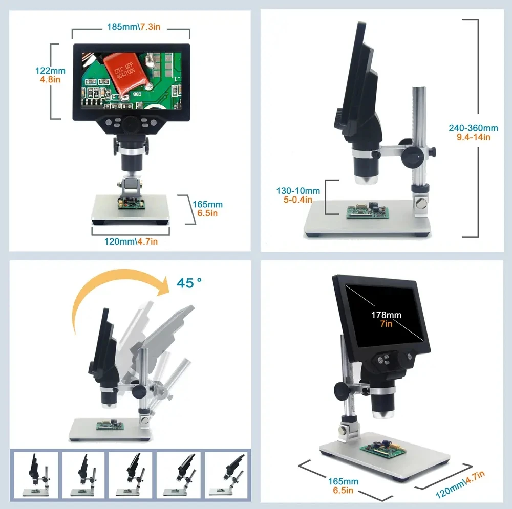 MUSTOOL G1200D mikroskop cyfrowy 12MP 7 Cal duży kolorowy ekran duża podstawka wyświetlacz LCD 1-1200X ciągły ze światłem