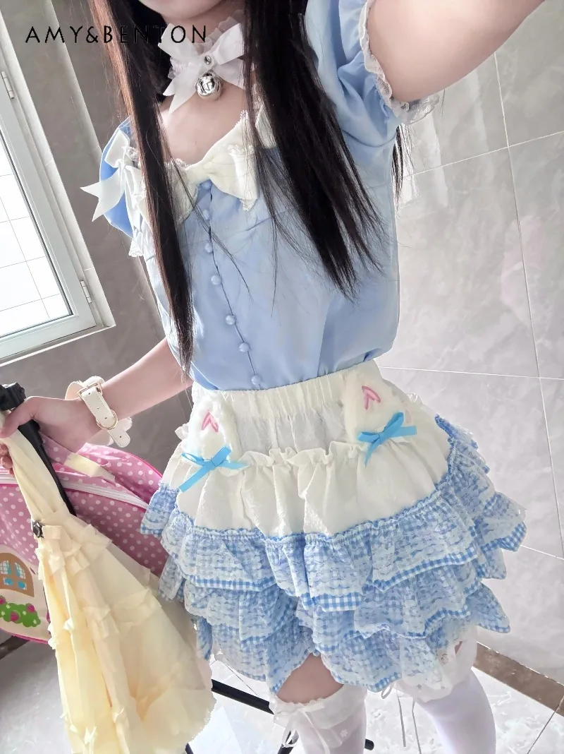Japanese Anime Girl Lolita Outfit Evening Dresses Sweet Bowknot Puff Sleeve Shirt Patchwork Color Multi-layer Mini Puffy Skirt