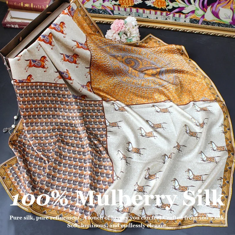 

Шелковый платок класса люкс 110x110 см из 100% натурального шелка тутового шелкопряда с ручной подгибкой края, дизайнерский принт с изображением лошади, большой квадратный шарф-платок для вечернего платья