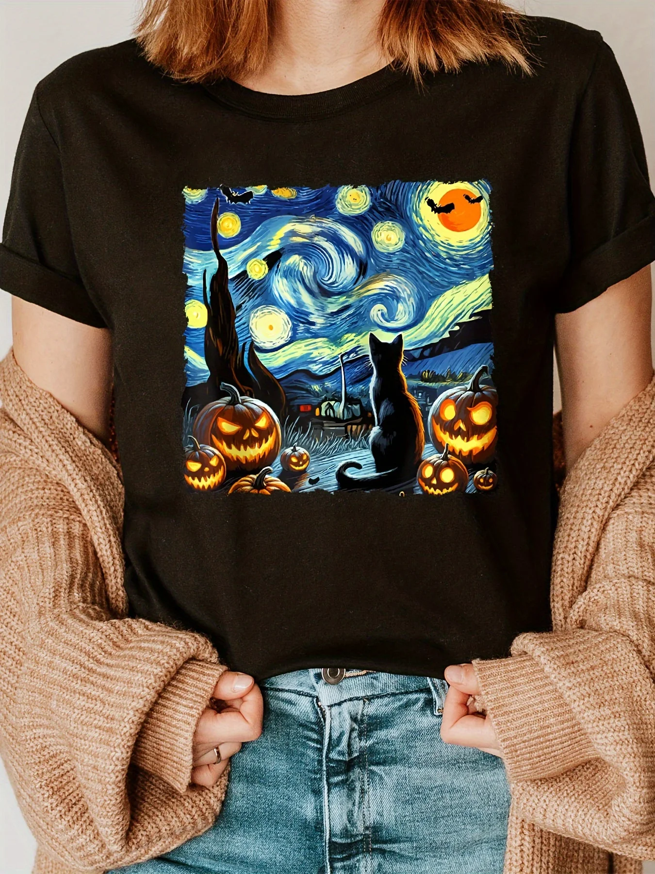 Women's Halloween Van Gogh Starry Night Black Cat and Pumpkins Print T-Shirt Short Sleeve Crew Neck Casual Tops Clothes Female