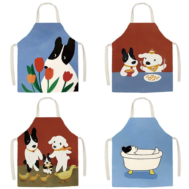 

Cute Cartoon Cat Dog Printed Cotton Linen Apron For Women Kitchen Cooking Baking Sleeveless Pinafore Home Cleaning Accessories