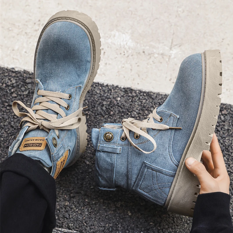 Mężczyźni Platforma Denim Boots Vintage Design Ankle Shoes Male Brand Wysokiej jakości Wygodne buty Cool Casual Lace Up Outdoor Shoes