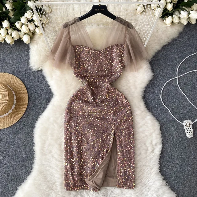 Kobiety szykowne cekinowe patchworkowe sukienka na ramiączkach seksowne bez pleców eleganckie wieczorowe szata na imprezę damskie Vintage Slim Split ceremonialna sukienka