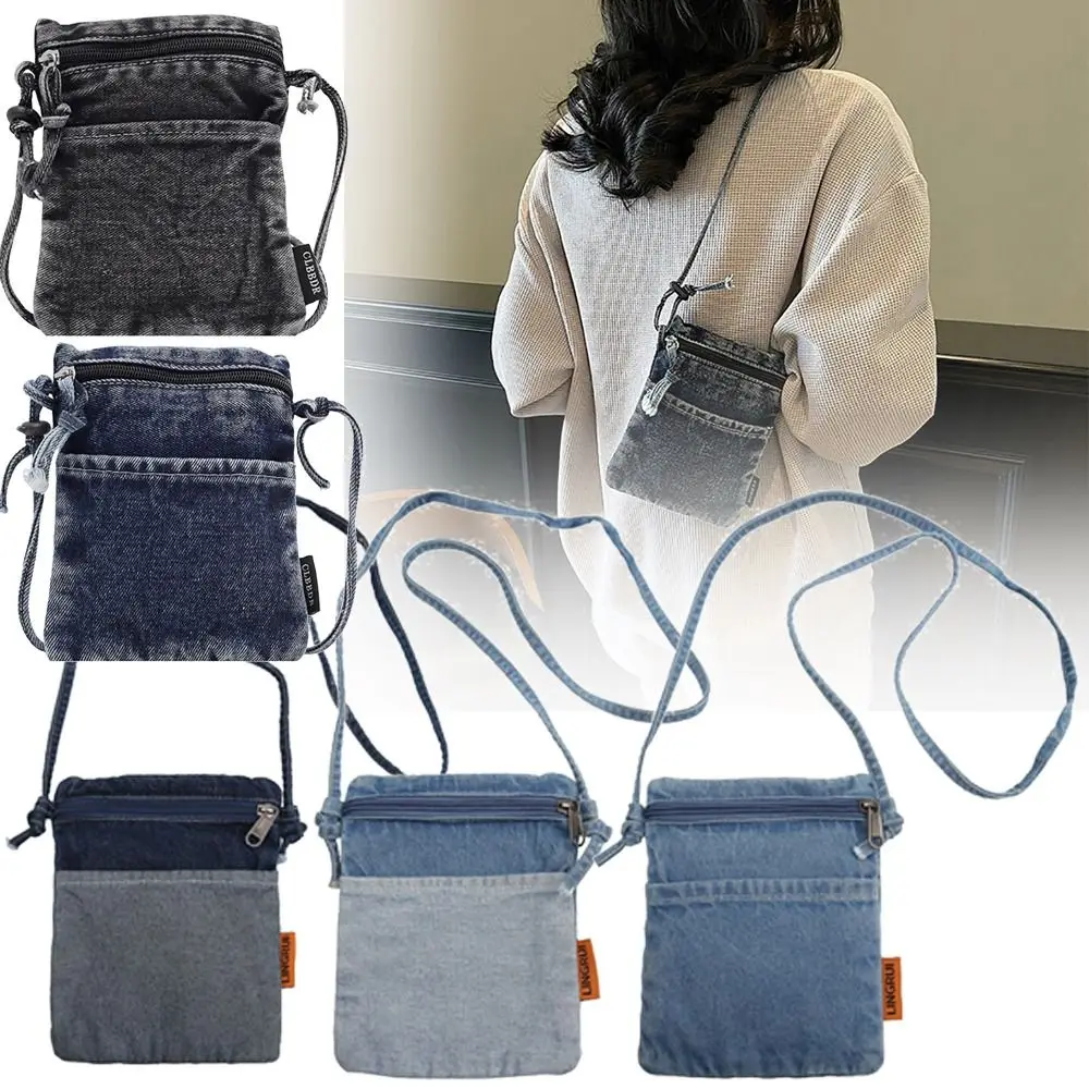 Trendy Denim Phone Bag Long Strap Zipper Clouse Crossbody Bag Blue Shoulder Bag Unisex