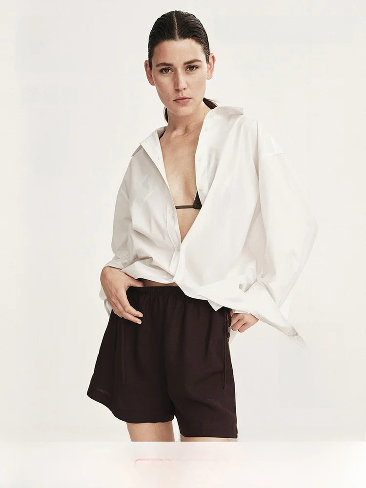 

H&M Women's Linen Blend Straight Leg Pants Breathable Summer New Arrival High Waist Casual Style Ladies Shorts 1333431