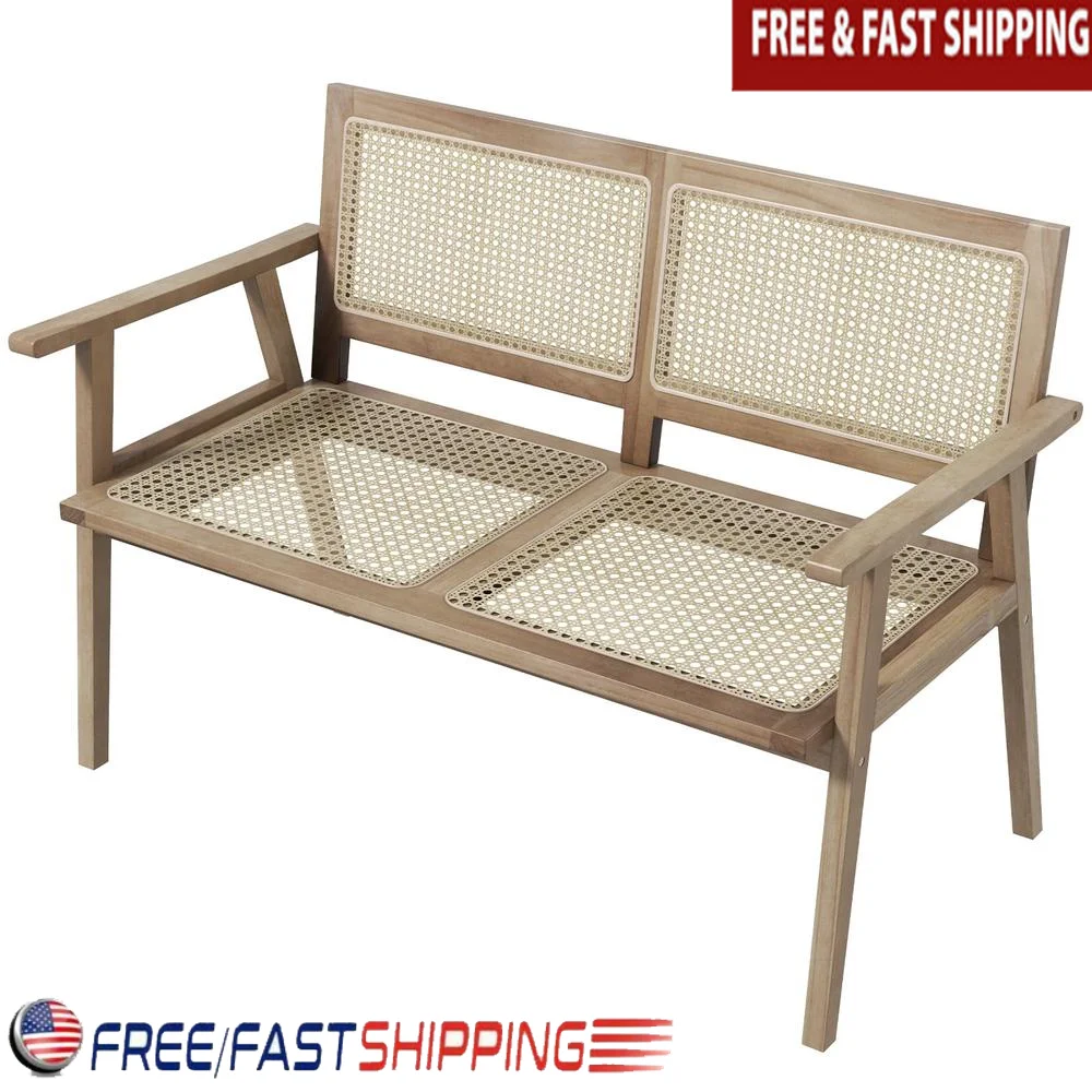 Teak Wood 2-Person Garden Bench with Rattan Backrest & Armrests Patio Porch Balcony Seat Sturdy Outdoor Furniture Togetherness