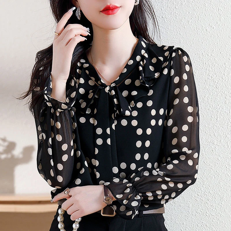 Summer Elegant Fashion Chic Sophisticated Shirt Office Lady Bow Three Quarters Sleeve V Neck Polka Dot Loose Casual Drape Top