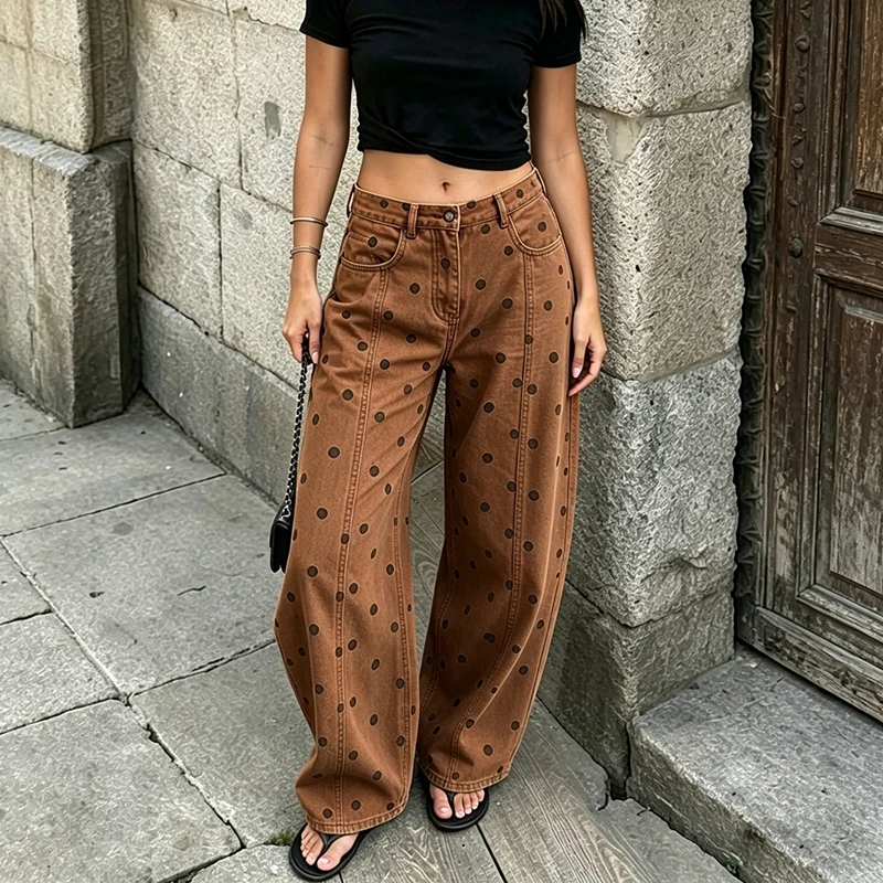 

Women's Y2k Vintage Polka Dot Print Jeans High Waist Loose Fit Harem Denim Long Pants Vintage Boyfriend Bloomer Jeans Streetwear
