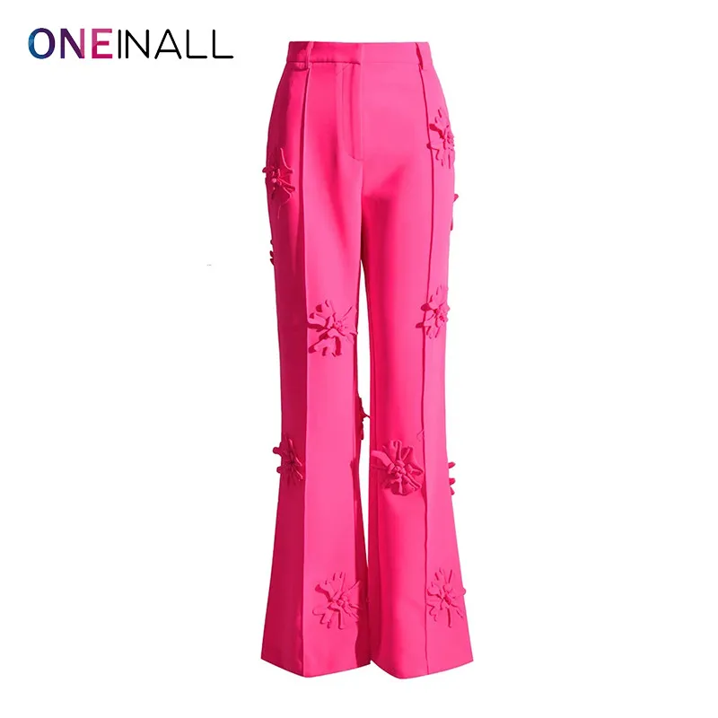 

ONEINALL Spliced Appliques Two Piece Sets For Women Notched Collar Long Sleeve Blazers High Waist Flare Pants Elegant Set Female