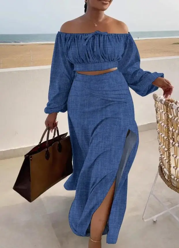 

Women's Vacation Set with Drawstring Pleats One Shoulder Exposed Navel Top and High Waisted Daily Slit Skirt Imitation Denim Set