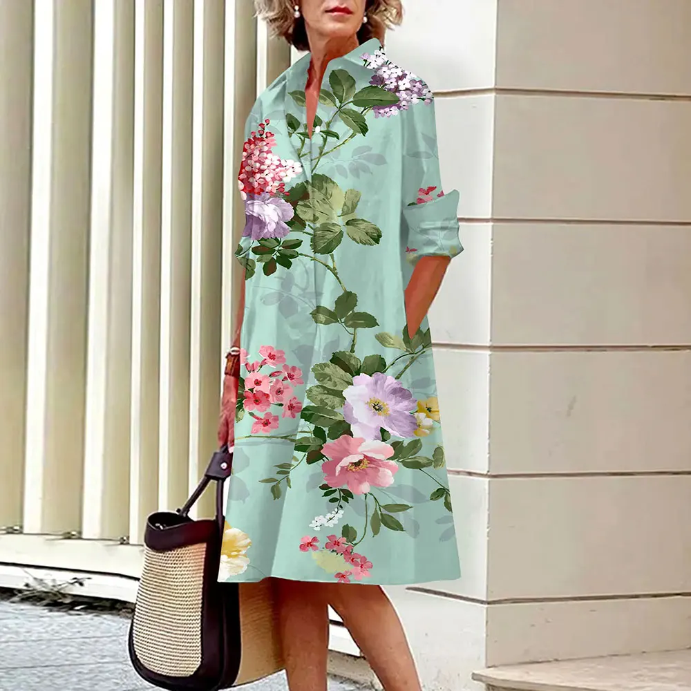 Ladies Abstract Face Printed Long Sleeve Shirt Dress Fashion Single Breasted Vintage Button Shirts Midi Dress Vestidos Spring