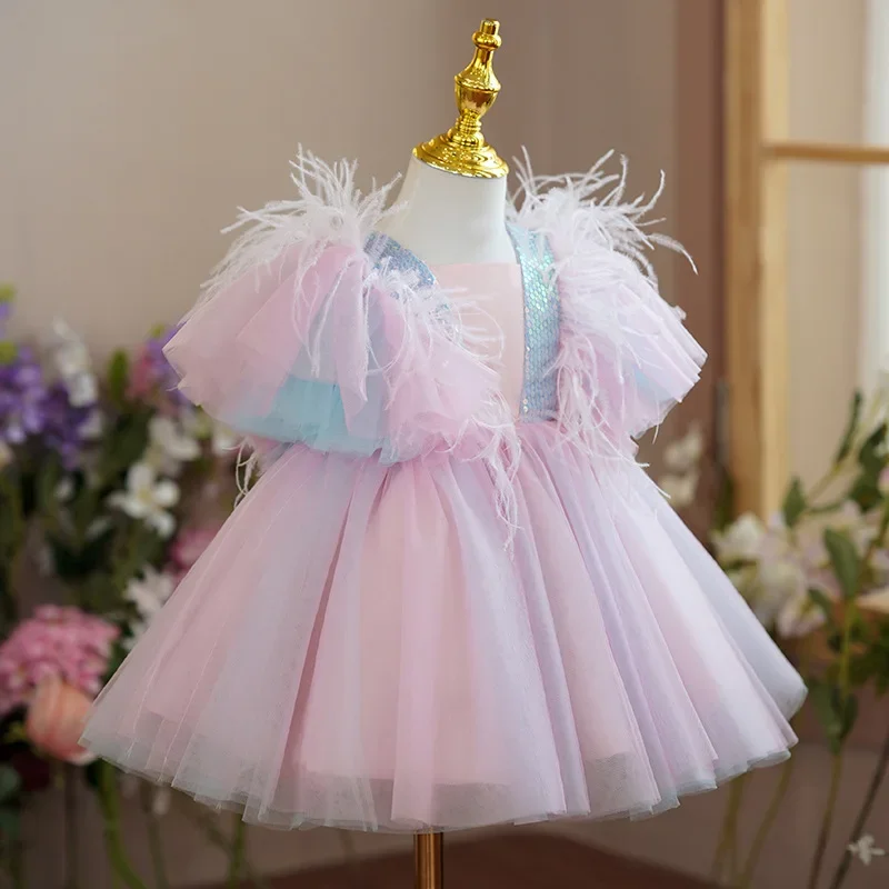 Summer Baby Party Dresses for Girls 1- 5 Yrs Elegant Princess Rainbow  Ruffles Infant Birthday Formal Occasion Costumes Vestidos