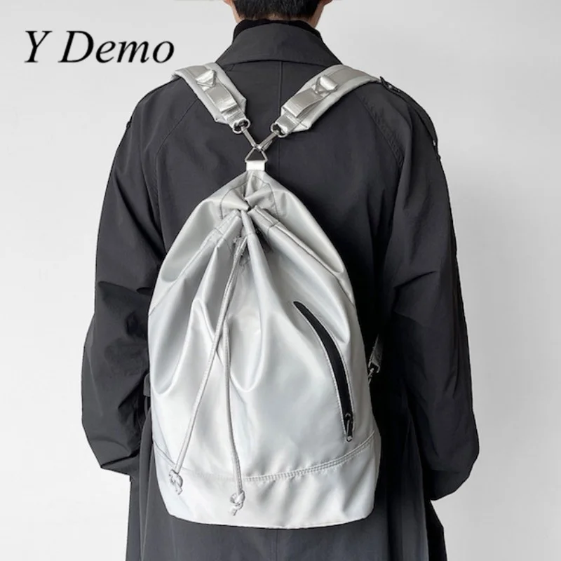 Y Demo Preppy Style Chic Bucket Schoolbag Solid Color Drawstring Adjustable Zipper Backpack