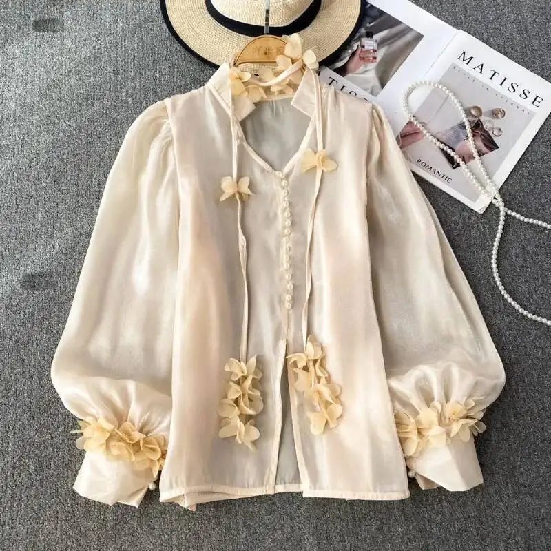 BabYoung Sweet Pink Loose Chiffon Blusas Mujer Autumn New V-Neck Lace Up Shirts Women Y2k E-Girl Lantern Sleeve Blouses