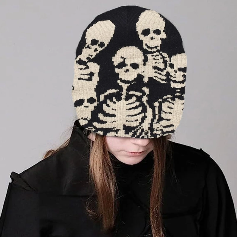 Fashion Punk Skull Hat Cool Knitted Hat Outdoor Windproof Skeleton Pattern Caps Hiphop Dancing Hat Soft Warm Pullover Caps