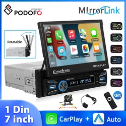 Podofo 7'' Car Radio MP5 Player Folding Touch Screen 1Din Multimedia Player Wireless Carplay Android Auto Bluetooth Mirror Link