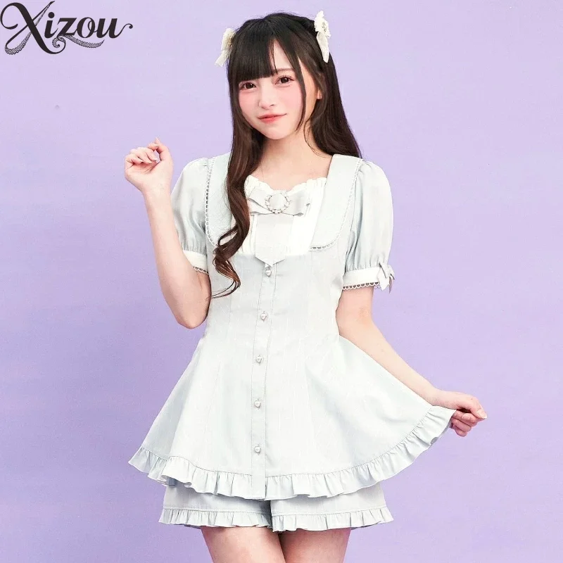 2025 vestido de verano pantalón japonés dulce lindo conjunto de dos piezas manga corta abombada arco rayas Top traje de Lolita volante cuello cuadrado