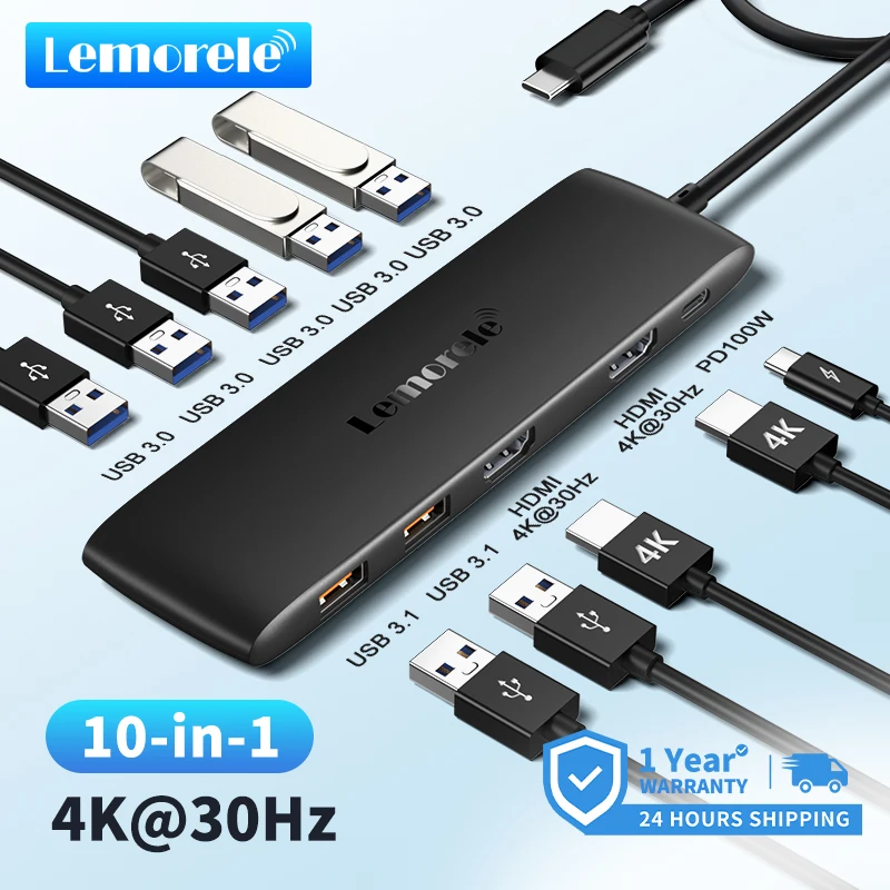 

Lemorele USB HUB 10-in-1 Type-C to 4K30Hz HDMI 10Gbps USB3.0 PD100W for Lapop Macbook Accessories USB Splitter Docking Station