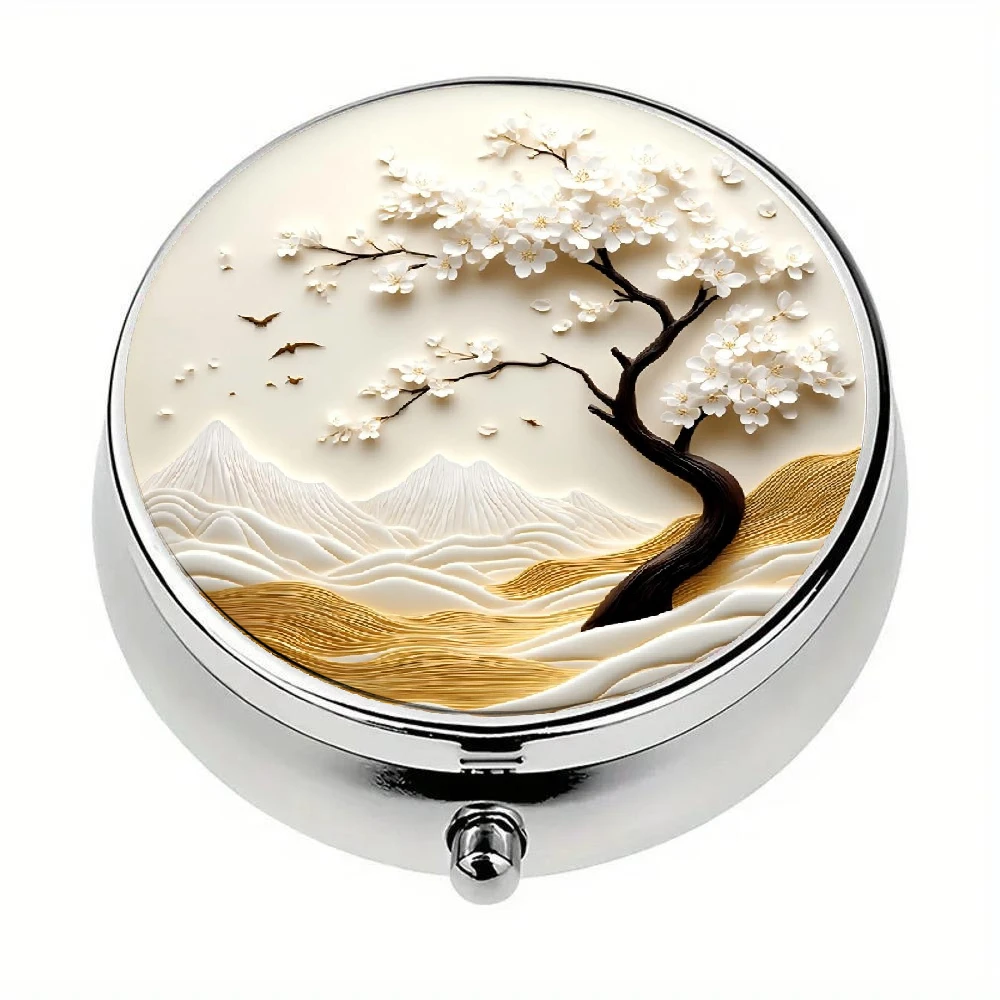 Pill Organizer Box, Designed with White Cherry Blossom Trees, Featuring Mountain and Bird Patterns, Divided into Three Compartments It Is Portable, Safe, and Easy to Fit in Your Wallet or Purse, Making It an Ideal Choice for Use on the Go.