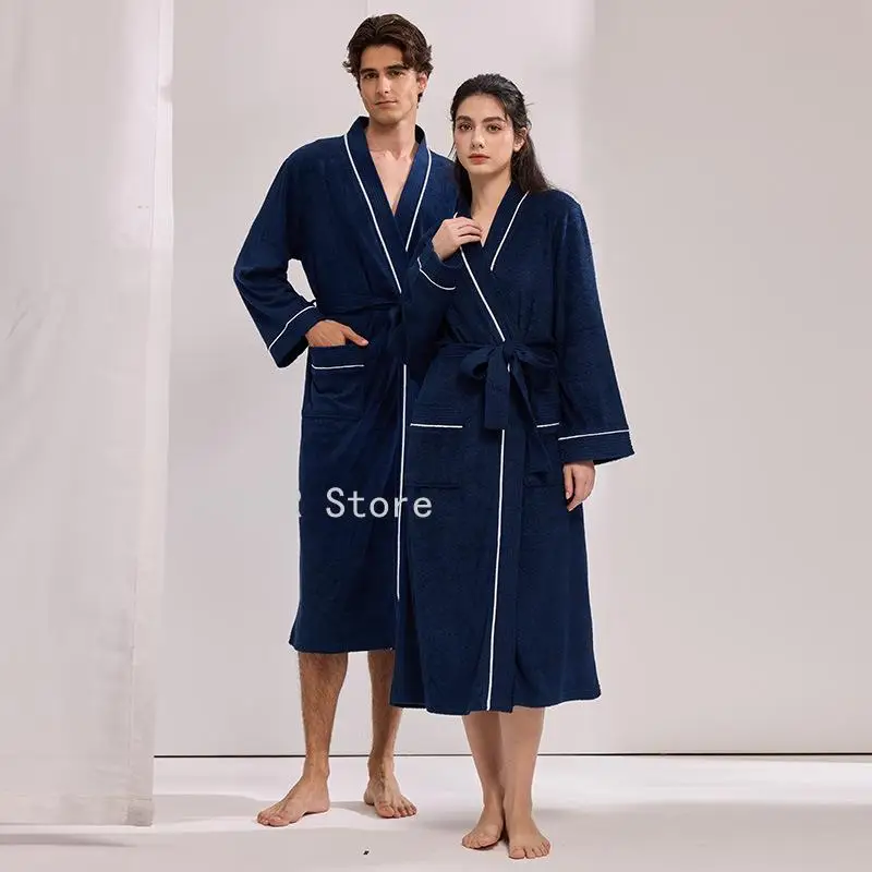 Spring Autumn Home Robe Couples Terry Cloth Bathrobe, Long Absorbent Quick Dry Robe for Men Women, All Season Casual Loungewear