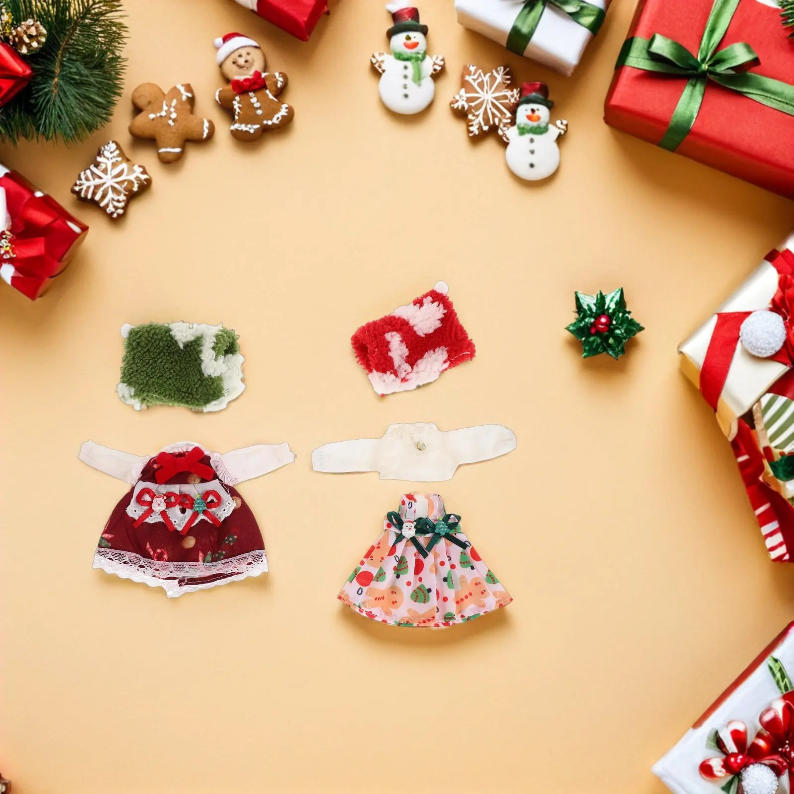 2 set Christmas Clothes For 1/12 Bjd 16-17Cm Santa Outfit Red Green Knitted Dress Hat Holiday Costume Winter Dress Up