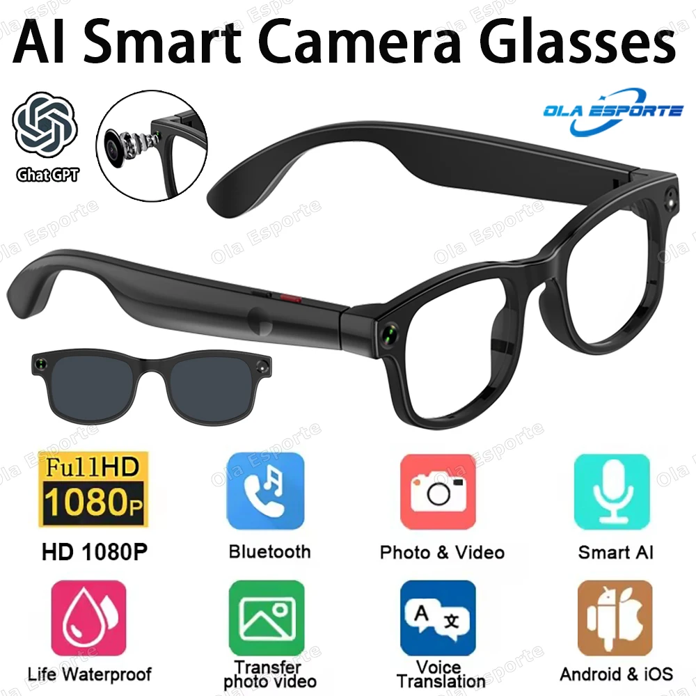 

New AI Smart Glasses Chat GPT 500W Camera Bluetooth Call 300Mah Battery Voice Assistant Control Smart Sunglasses For Android IOS