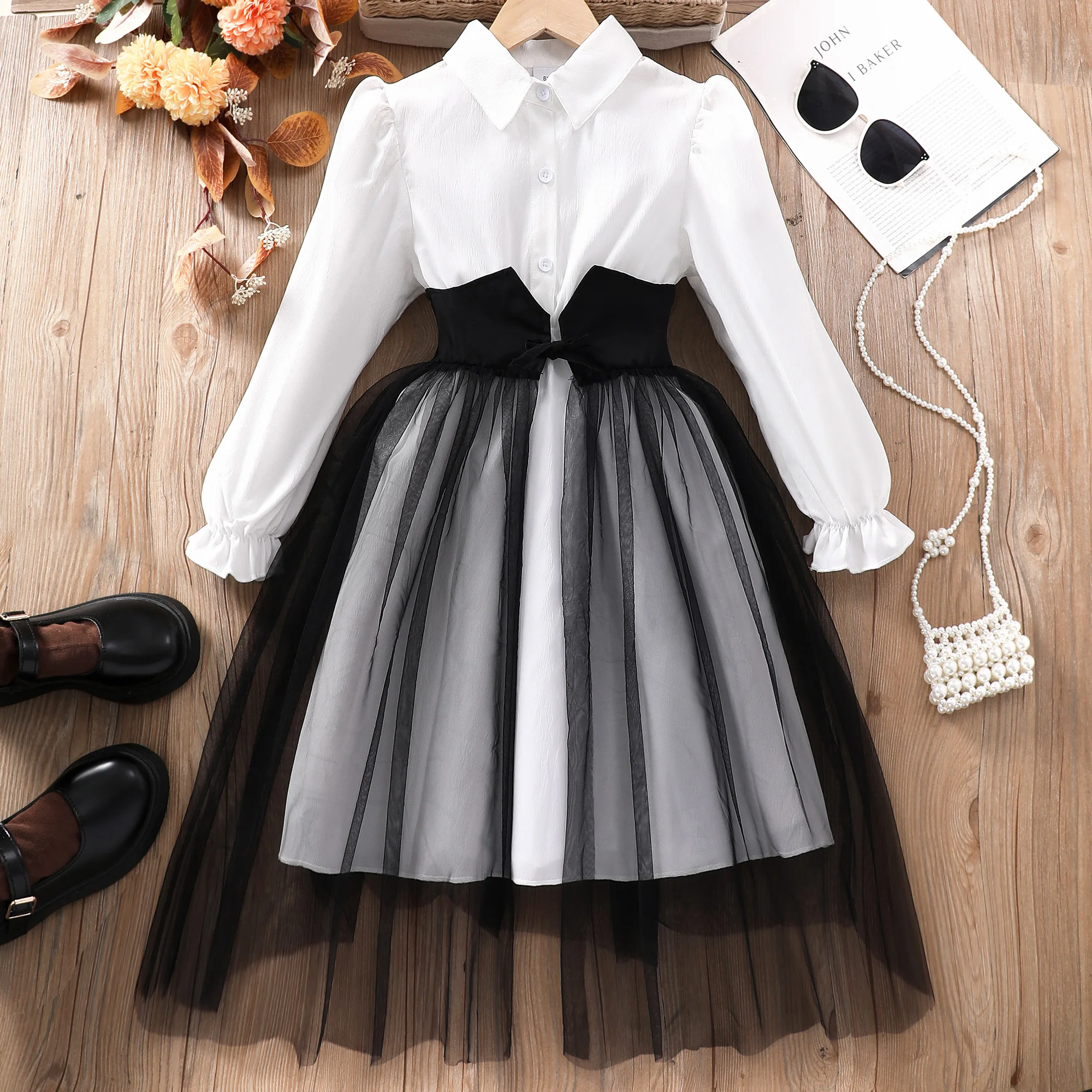 Girls\' long sleeved lapel waistband mesh patchwork dress