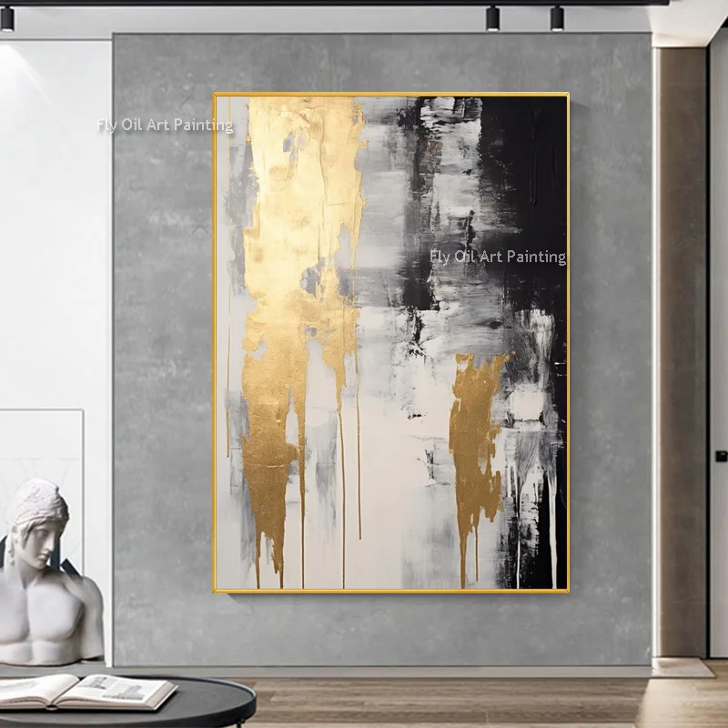 

Blue And Golden Abstract Canvas Wall Art Handmade Black White Gold Thick Oil Painting Modern Home Wall Decor For Living Room
