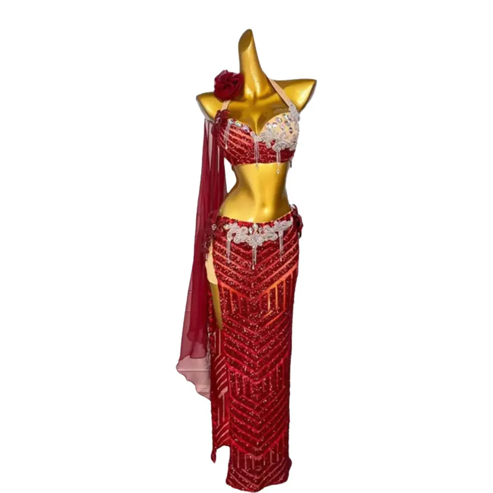 Belly Dance Competition Women\'s High-end Skirt Red Diamond Bra with Cape American Performance Costume dress