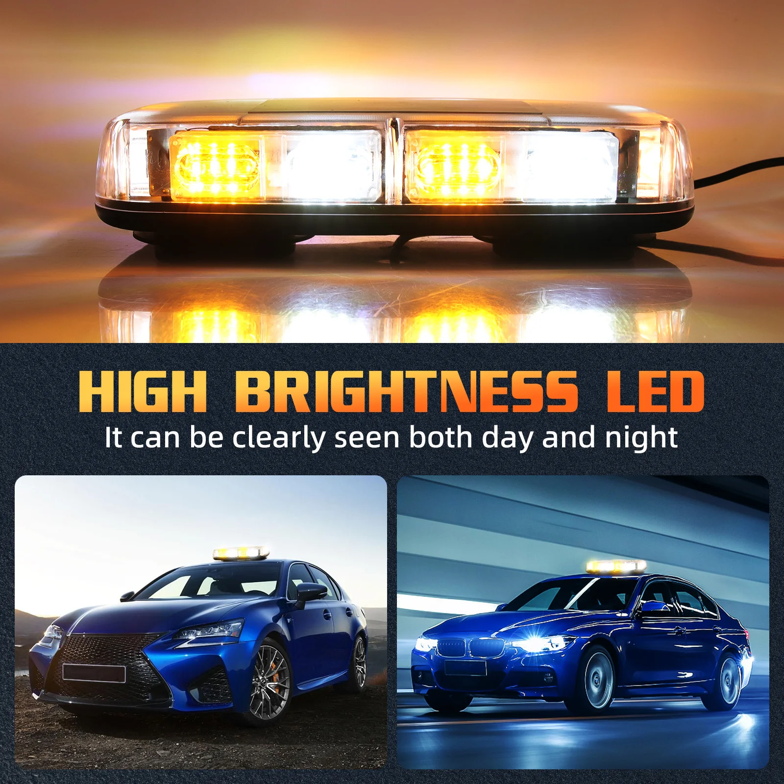 Yellow 48 LED Auto Car Roof Strobe Lights Car Safety Flashing Light Beacon for 12-24V Trucks Construction Vehicles