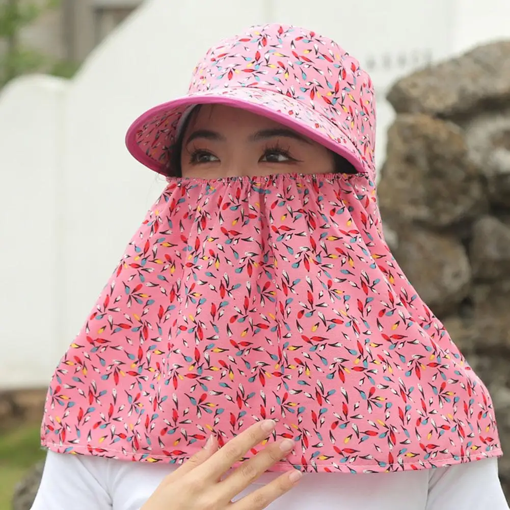 Women Anti-UV Sun Hat Beach Foldable Sunscreen Floral Print Caps Neck Face Care Wide Brim Hat New Summer Outdoor Riding