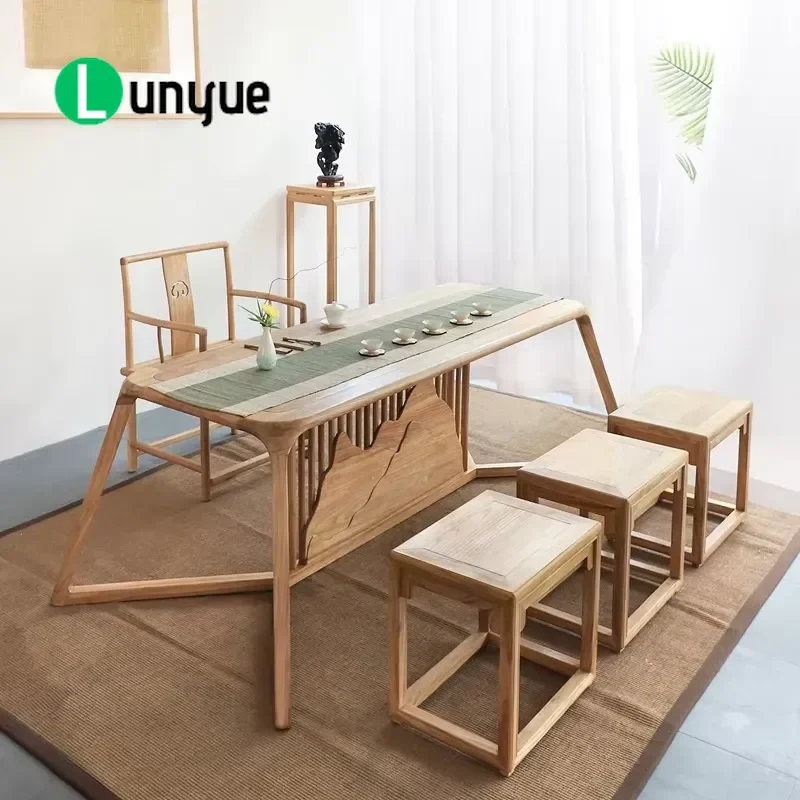 New Chinese Style Solid Wood Antique Living Room Furniture Set Kung Fu Tea Table and Chairs Large Coffee Table for Home Decor