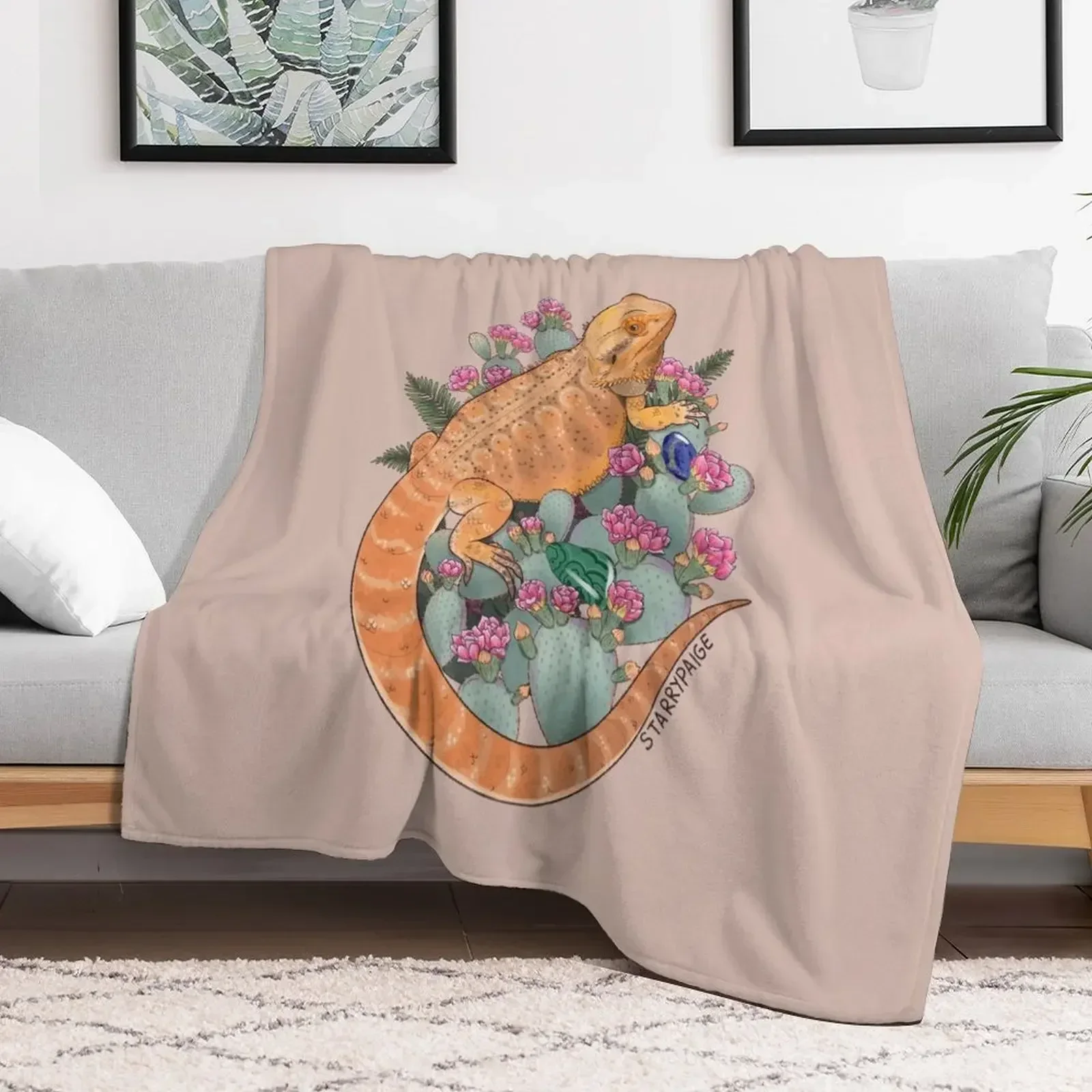 Bearded Dragon with Blooming Opuntia Cactus and Boston Ferns with Crystals Throw Blanket blankets and throws Beach Blankets