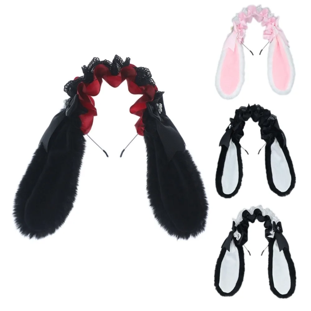 Diadema con volantes y lazo de felpa para el pelo de conejito, cinta peluda para Cosplay, diademas de encaje con orejas caídas, accesorios para la cabeza