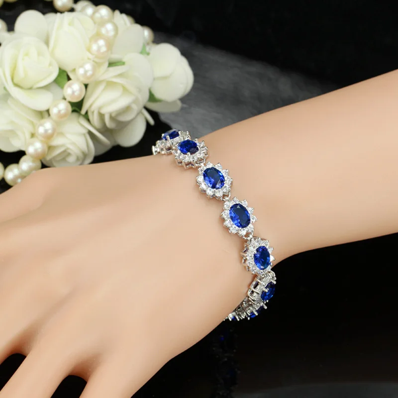 Pera Vintage Royal Jewelry Silver Color Oval Blue Cubic Zirconia Flower Link Chain Bracelets for Women Christmas Party Gift B014