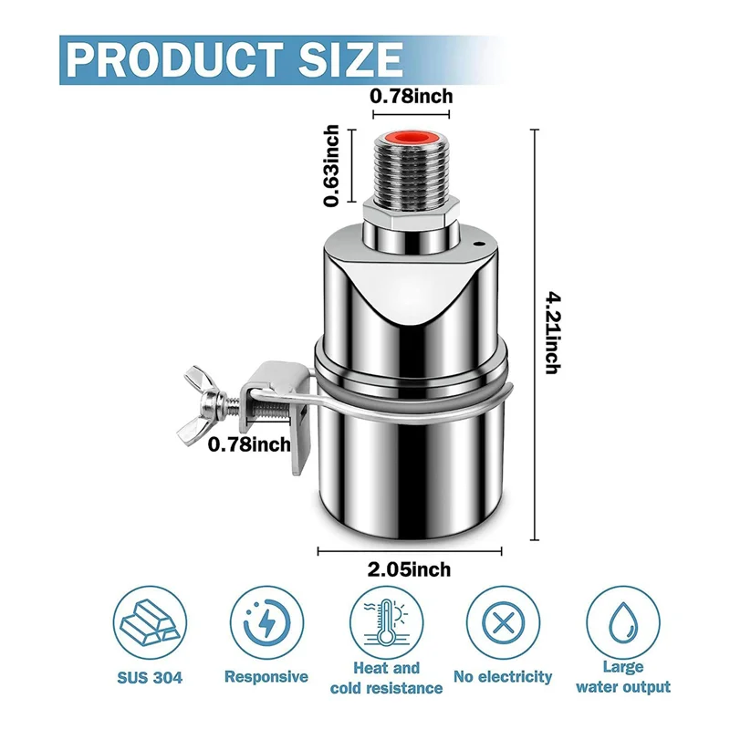 ABZV-Automatic Water Level Control Valve 1/2 Inch Stainless Steel Float Ball Valve for Tank Swimming Pool Straight with Clip