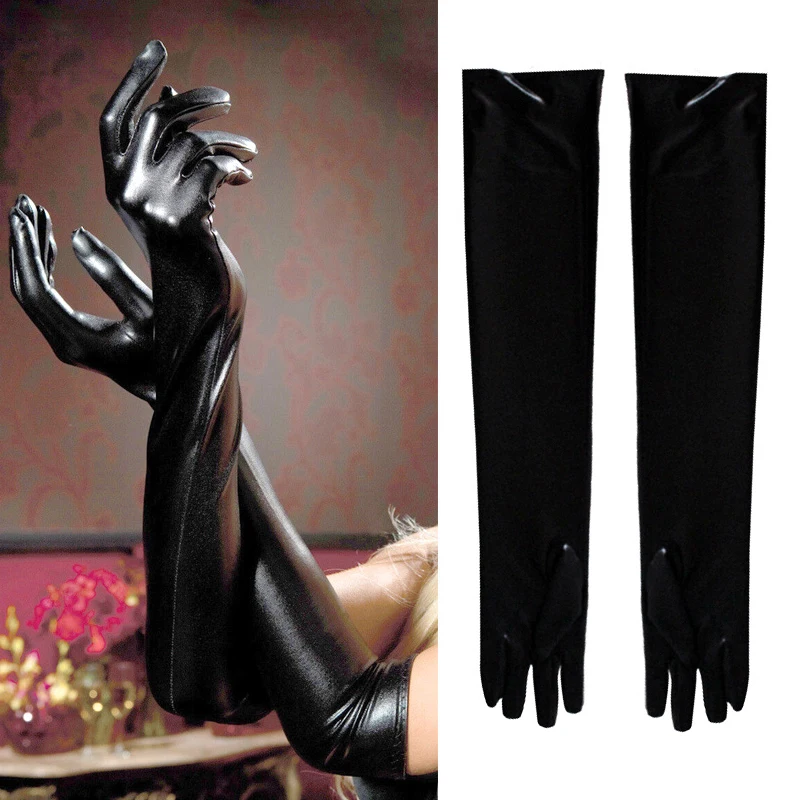 Adult Long Patent Leather Coated Pole Dance Performance Gloves Halloween Costume Accessories Tight Gloves Sexy Women Long Gloves