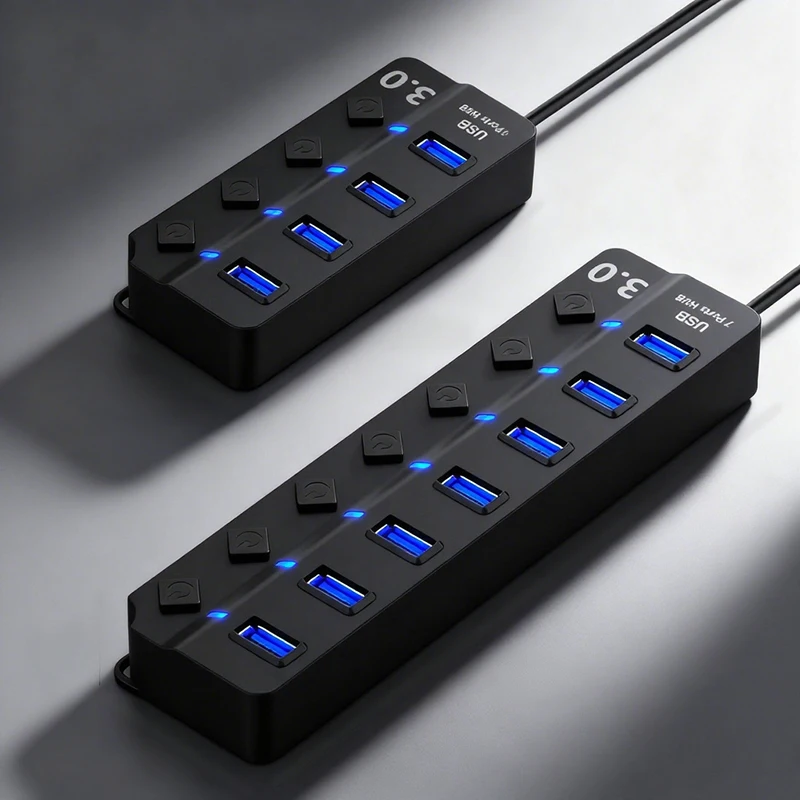 【F】1Pc USB3.0 HUB 4in1 7in1 USB Splitter .0 USB Adapter Multi-Port Independent Power Switch Extender 30CM Cable
