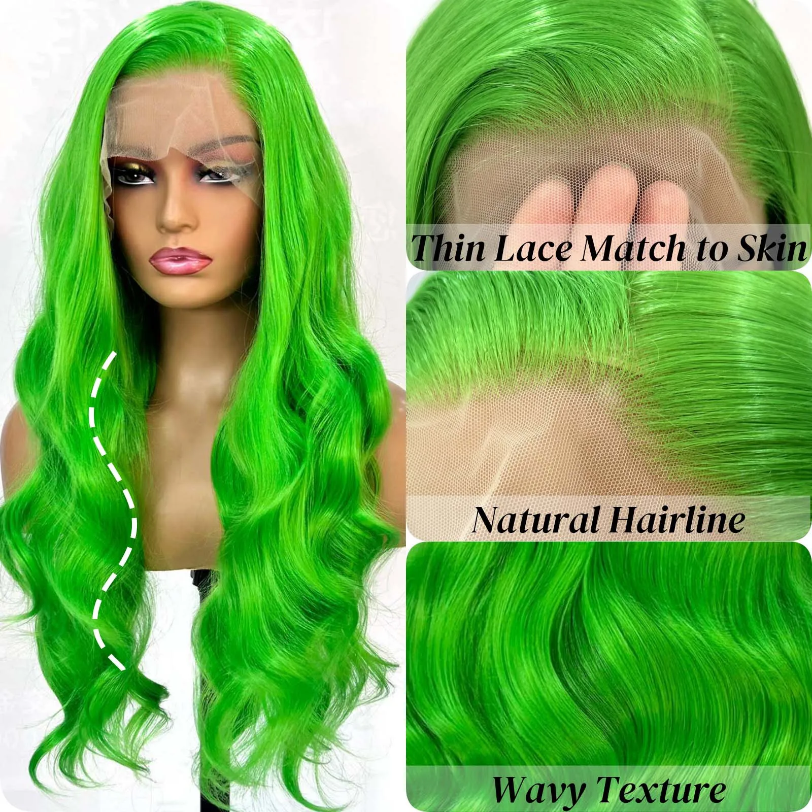 Long Curly Wavy Neon Green 13x4 Lace Front Wigs for Women Synthetic Hair Loose Body Wave Frontal Cosplay Party Colored Wigs