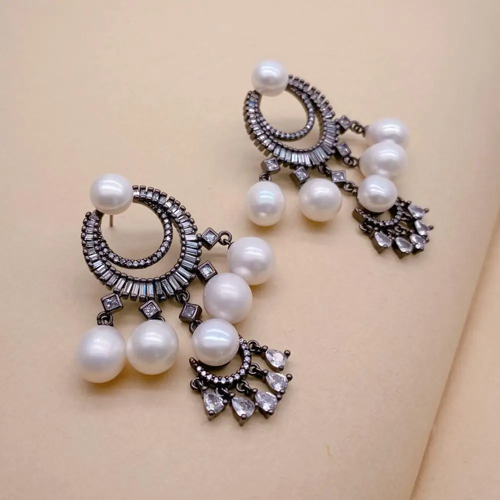 KKGEM New Hyperbole Real  Cz Pave Uenmetal Gold Plated Earring 9x10mm White Pearl Chandelier Earrings