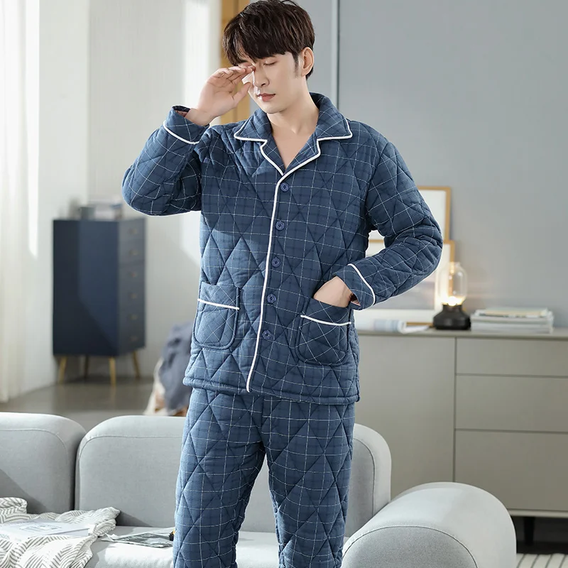 Winter New Lapel Button Cardigan 3 Layers Quilted Pajamas Set Casual Men Sleepwear Nightwear Thick Male Cotton Warm Home Wear