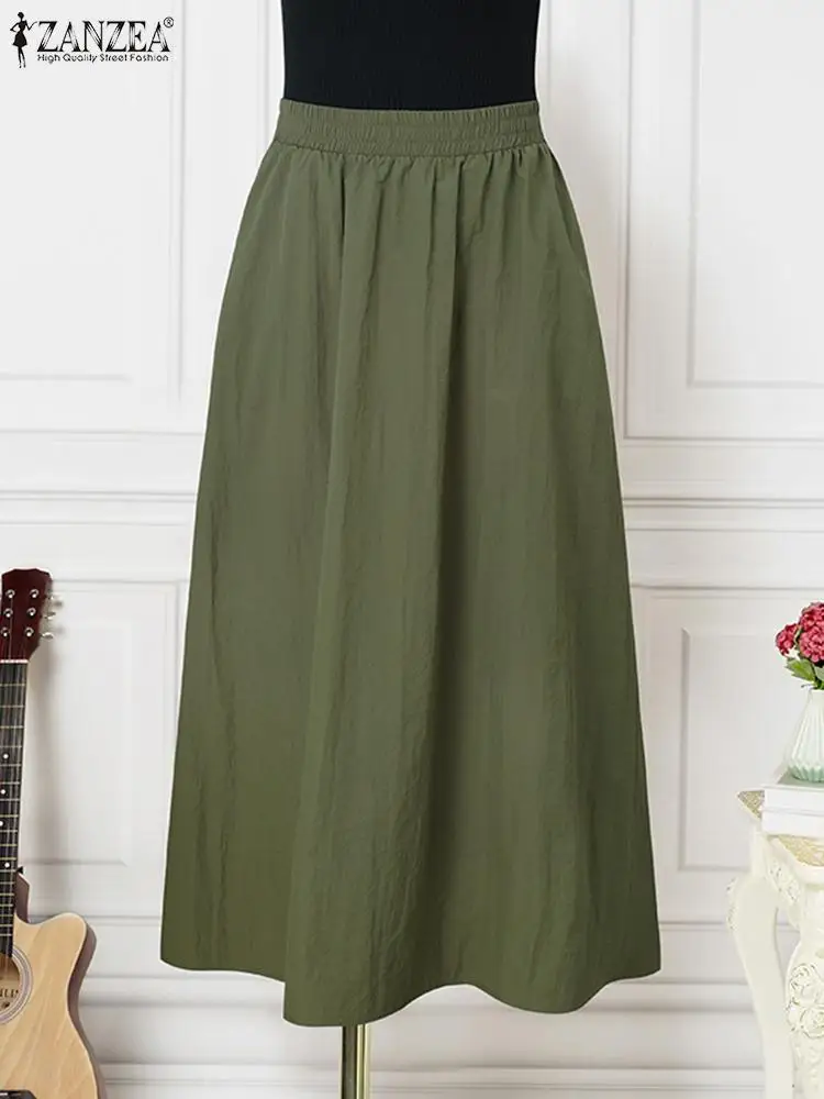 Streetwear Elastic Waist Jupes 2024 Summer ZANZEA Women Umbrella Long Skirt Pocket Oversize Falda Casual Loose Solid Maxi Skirts